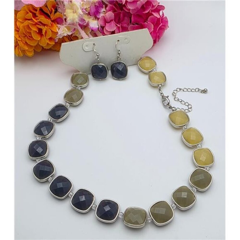 Silver Tone Beaded Necklace Blue Green Yellow Square Faceted Set 21” w/ Earrings